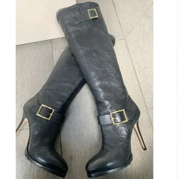 Jimmy Choo Black Biker Distressed Leather
Unlined Knee Length Boots - Picture 1 of 8